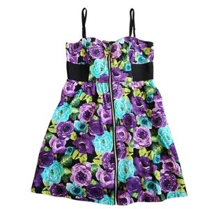 My Michelle Y2K Front Zip Smocked Floral Midi Dress Women's L Purple Sweetheart 